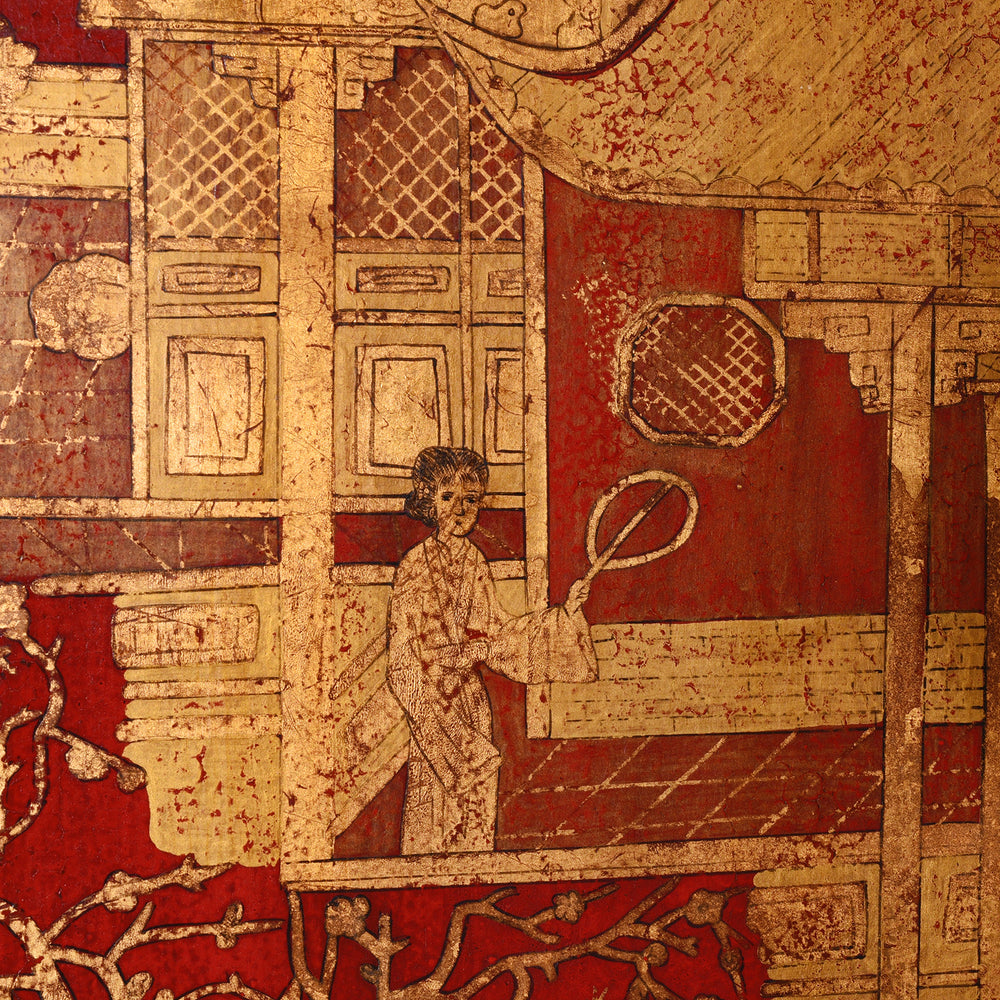 Detail From Chinese Export Red Lacquer Folding Screen With Gilt Figures And Floral Decoration | Indigo Antiques