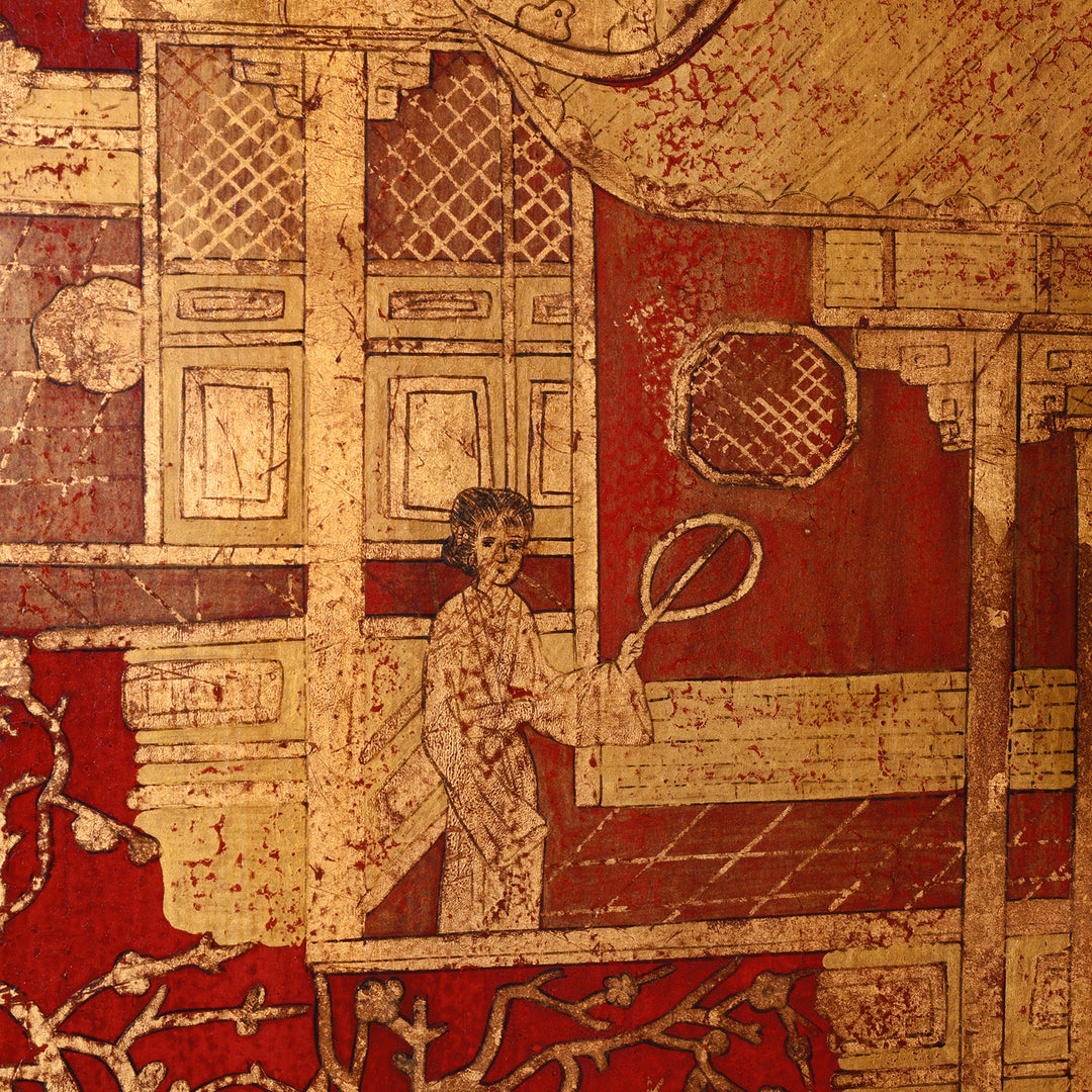 Detail From Chinese Export Red Lacquer Folding Screen With Gilt Figures And Floral Decoration | Indigo Antiques