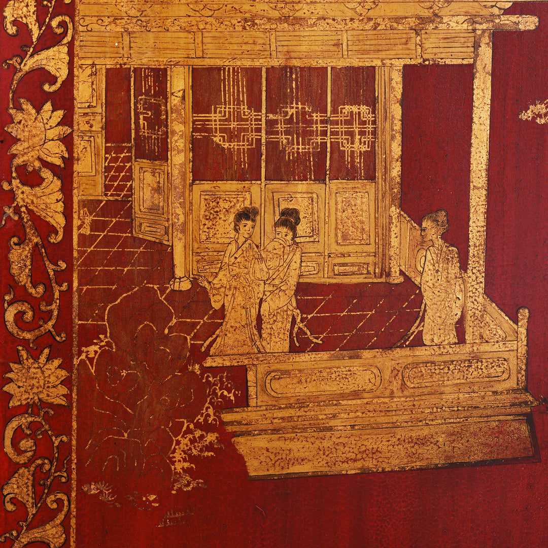 Detail From Chinese Export Red Lacquer Folding Screen With Gilt Figures And Floral Decoration | Indigo Antiques