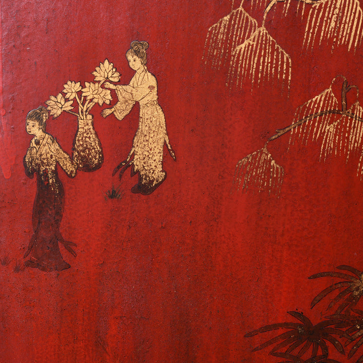 Detail From Chinese Export Red Lacquer Folding Screen With Gilt Figures And Floral Decoration | Indigo Antiques