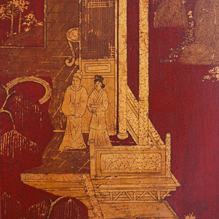 Detail From Chinese Export Red Lacquer Folding Screen With Gilt Figures And Floral Decoration | Indigo Antiques