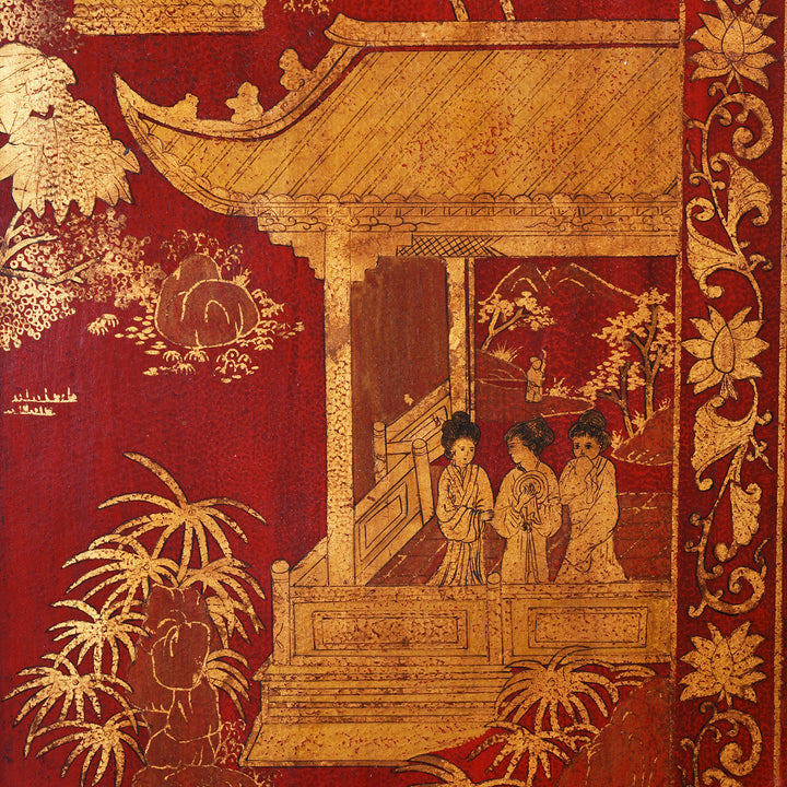Detail From Chinese Export Red Lacquer Folding Screen With Gilt Figures And Floral Decoration | Indigo Antiques