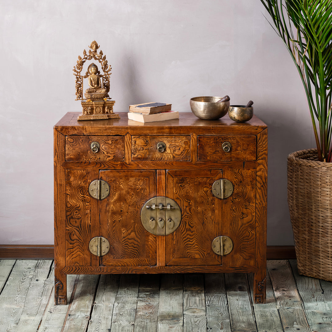 19Th Century Tianjin Burr Elm Sideboard With Brass Hardware And Three Drawers | Indigo Antiques