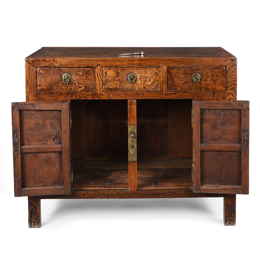 Open Doors VIew Of 19Th Century Tianjin Burr Elm Sideboard With Brass Hardware And Three Drawers | Indigo Antiques