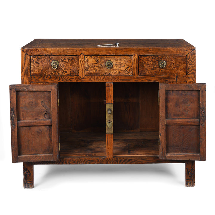 Open Doors VIew Of 19Th Century Tianjin Burr Elm Sideboard With Brass Hardware And Three Drawers | Indigo Antiques