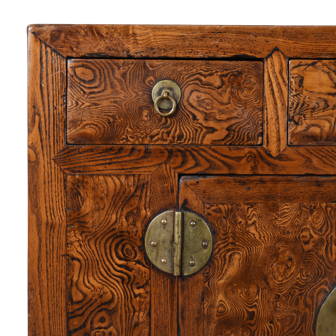 Corner Detail From 19Th Century Tianjin Burr Elm Sideboard With Brass Hardware And Three Drawers | Indigo Antiques