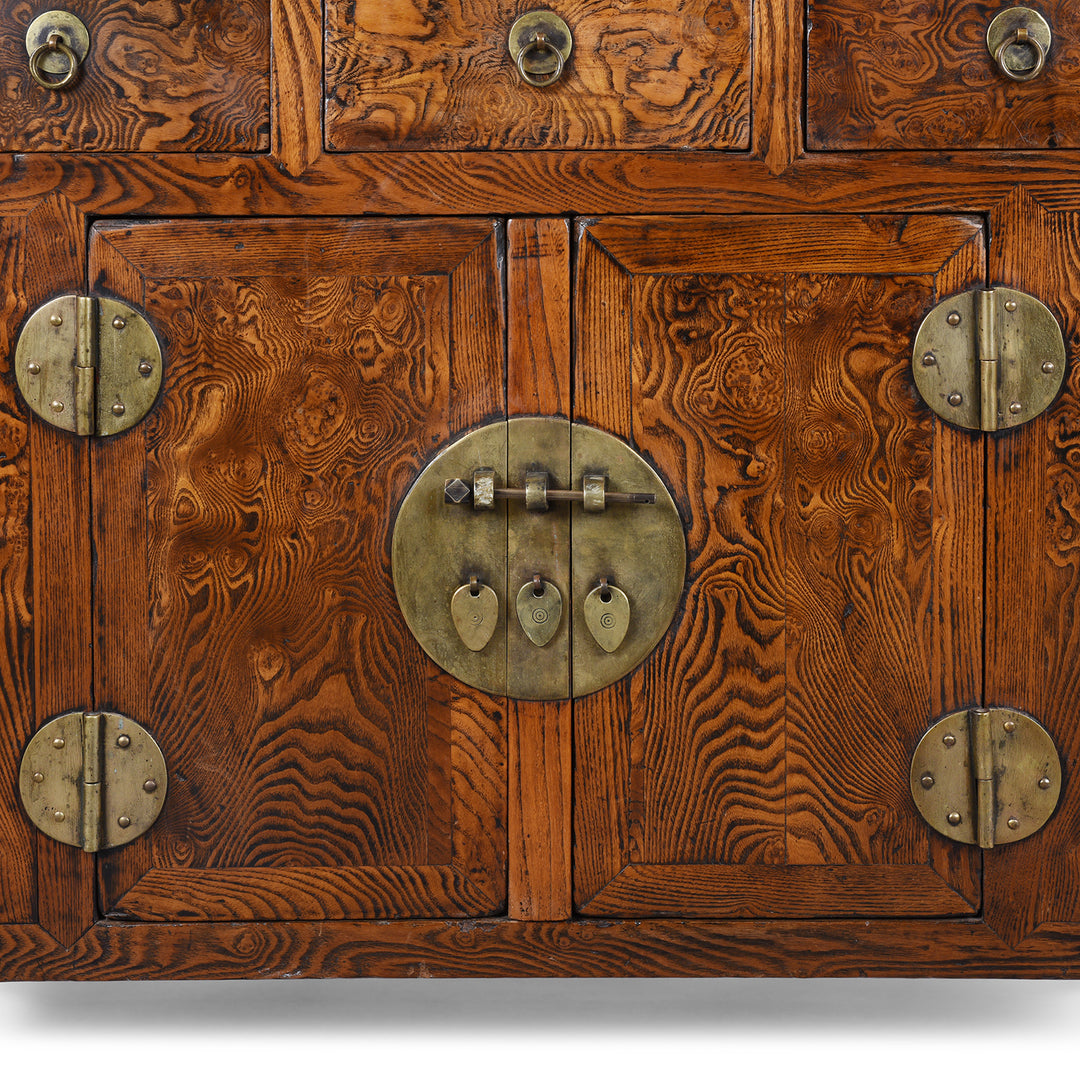 Doors Detail From 19Th Century Tianjin Burr Elm Sideboard With Brass Hardware And Three Drawers | Indigo Antiques