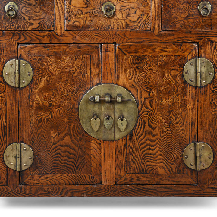 Doors Detail From 19Th Century Tianjin Burr Elm Sideboard With Brass Hardware And Three Drawers | Indigo Antiques