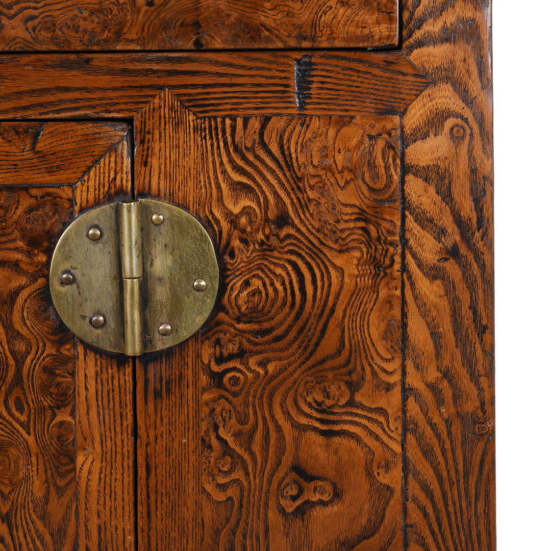 Wood Grain Detail From 19Th Century Tianjin Burr Elm Sideboard With Brass Hardware And Three Drawers | Indigo Antiques