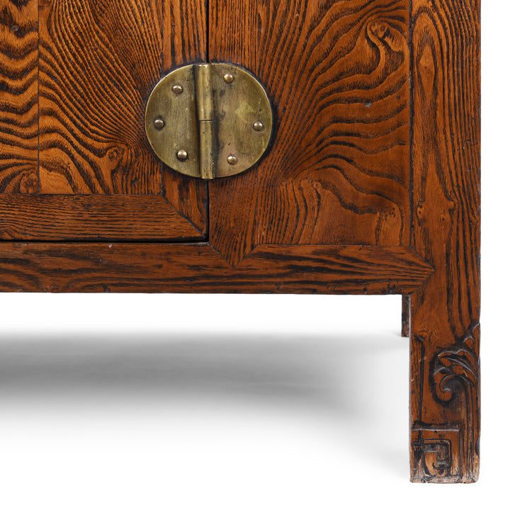 Leg Detail From 19Th Century Tianjin Burr Elm Sideboard With Brass Hardware And Three Drawers | Indigo Antiques