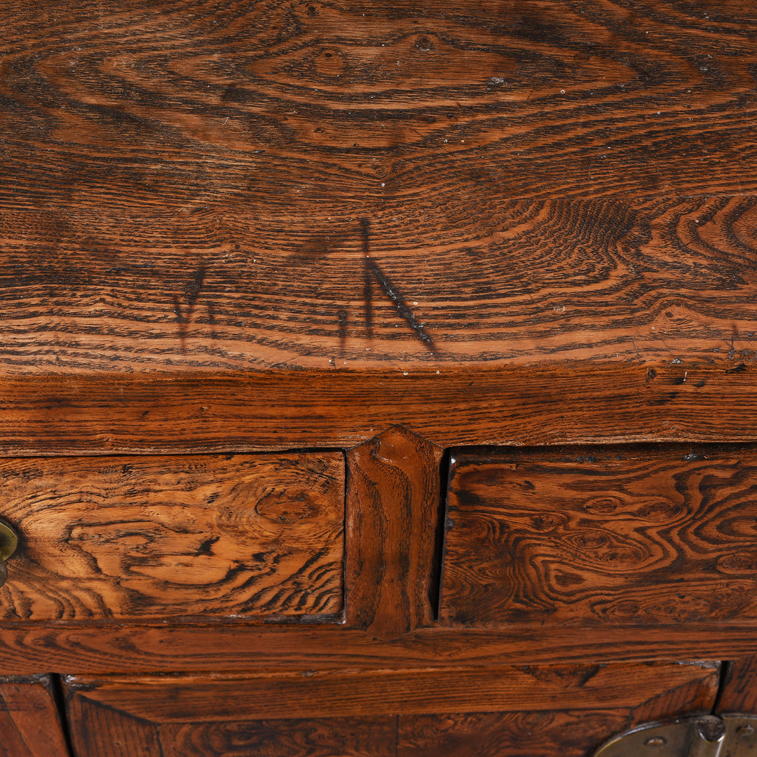 Surface Ware Detail From 19Th Century Tianjin Burr Elm Sideboard With Brass Hardware And Three Drawers | Indigo Antiques