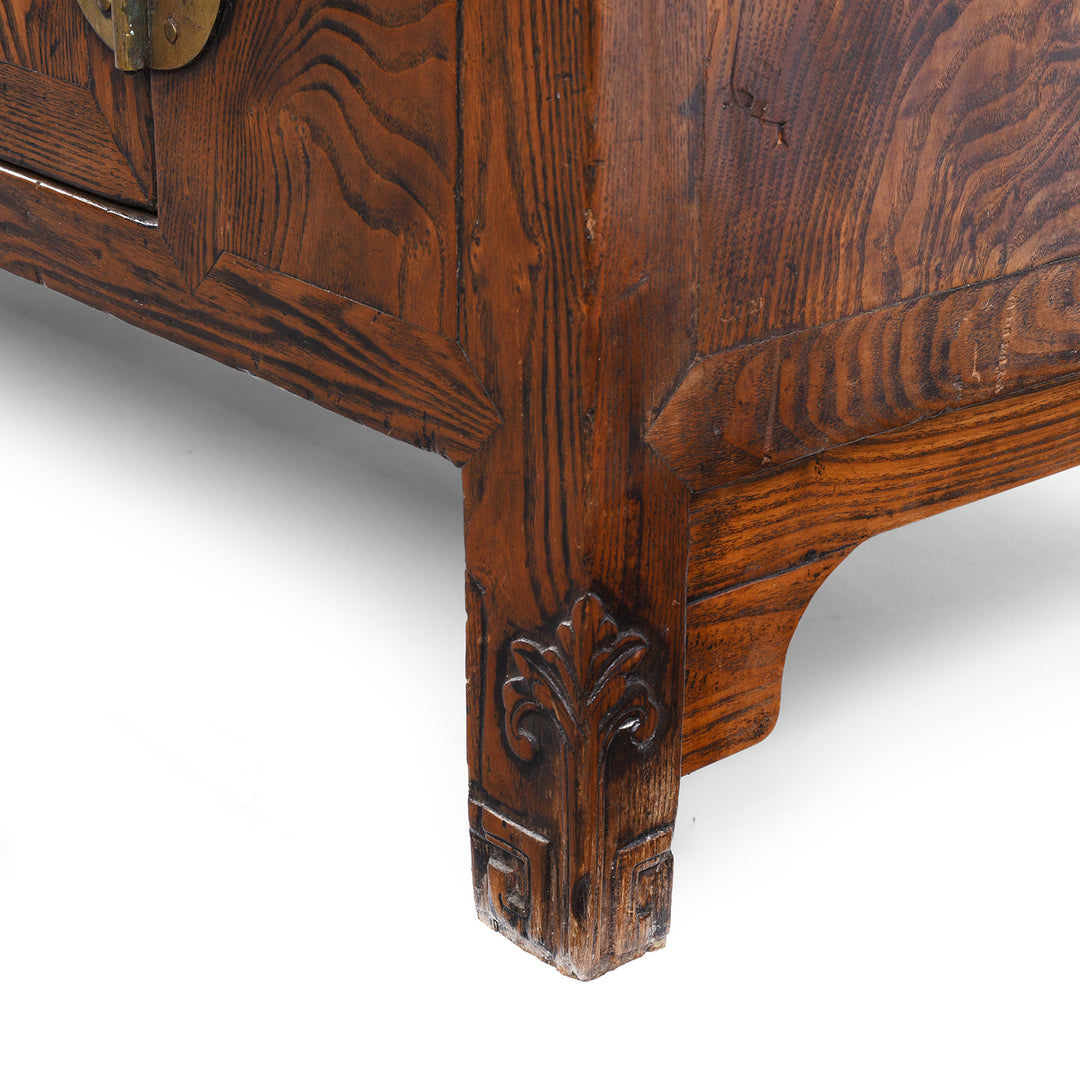 Leg Detail From 19Th Century Tianjin Burr Elm Sideboard With Brass Hardware And Three Drawers | Indigo Antiques
