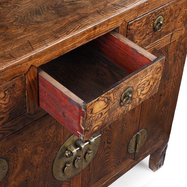 Drawer Detail From 19Th Century Tianjin Burr Elm Sideboard With Brass Hardware And Three Drawers | Indigo Antiques