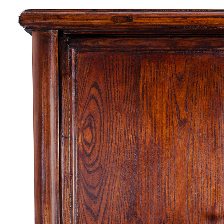 Corner Detail From Antique Chinese Red Elm Taper Cabinet