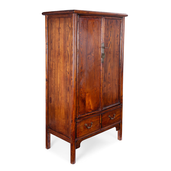 Angled View Of Antique Chinese Red Elm Taper Cabinet