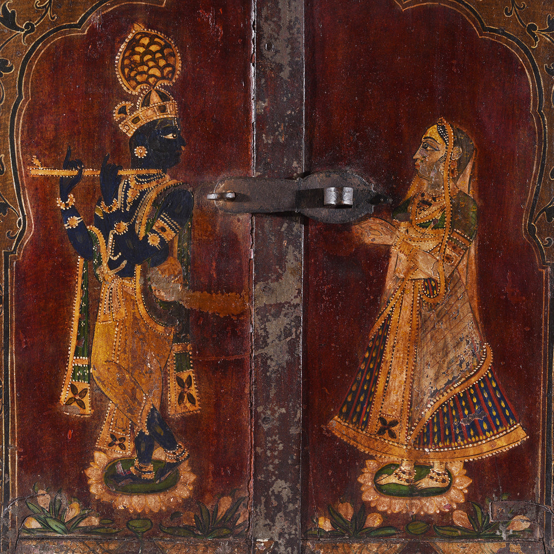 Shutters Detail From Antique Indian Painted Radha Krishna Window Shutter 