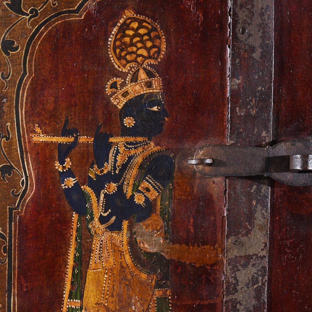 Krishna Detail From Antique Indian Painted Radha Krishna Window Shutter 