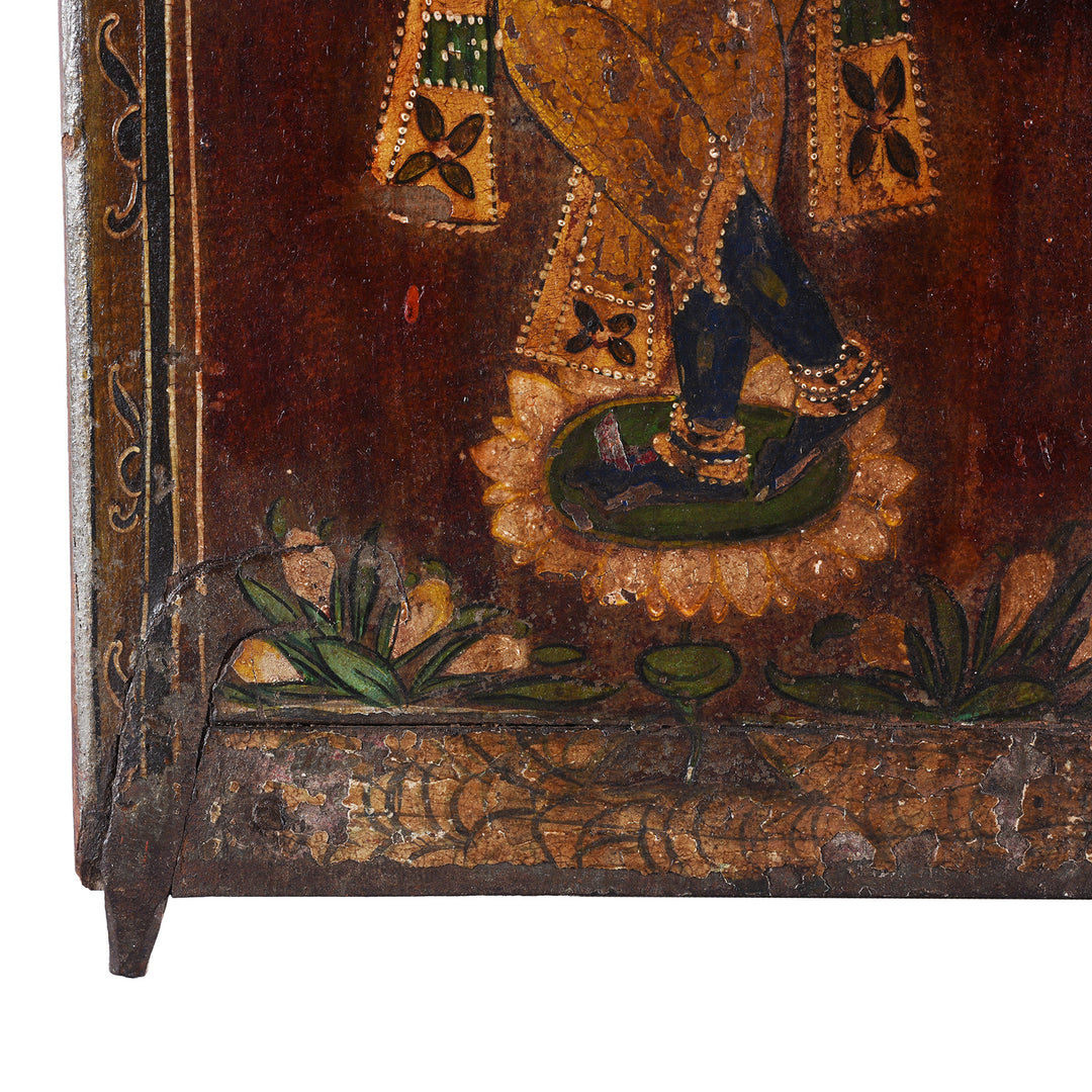 Lotus Detail From Antique Indian Painted Radha Krishna Window Shutter 