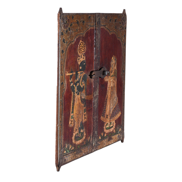 Angled VIew Of Antique Indian Painted Radha Krishna Window Shutter 