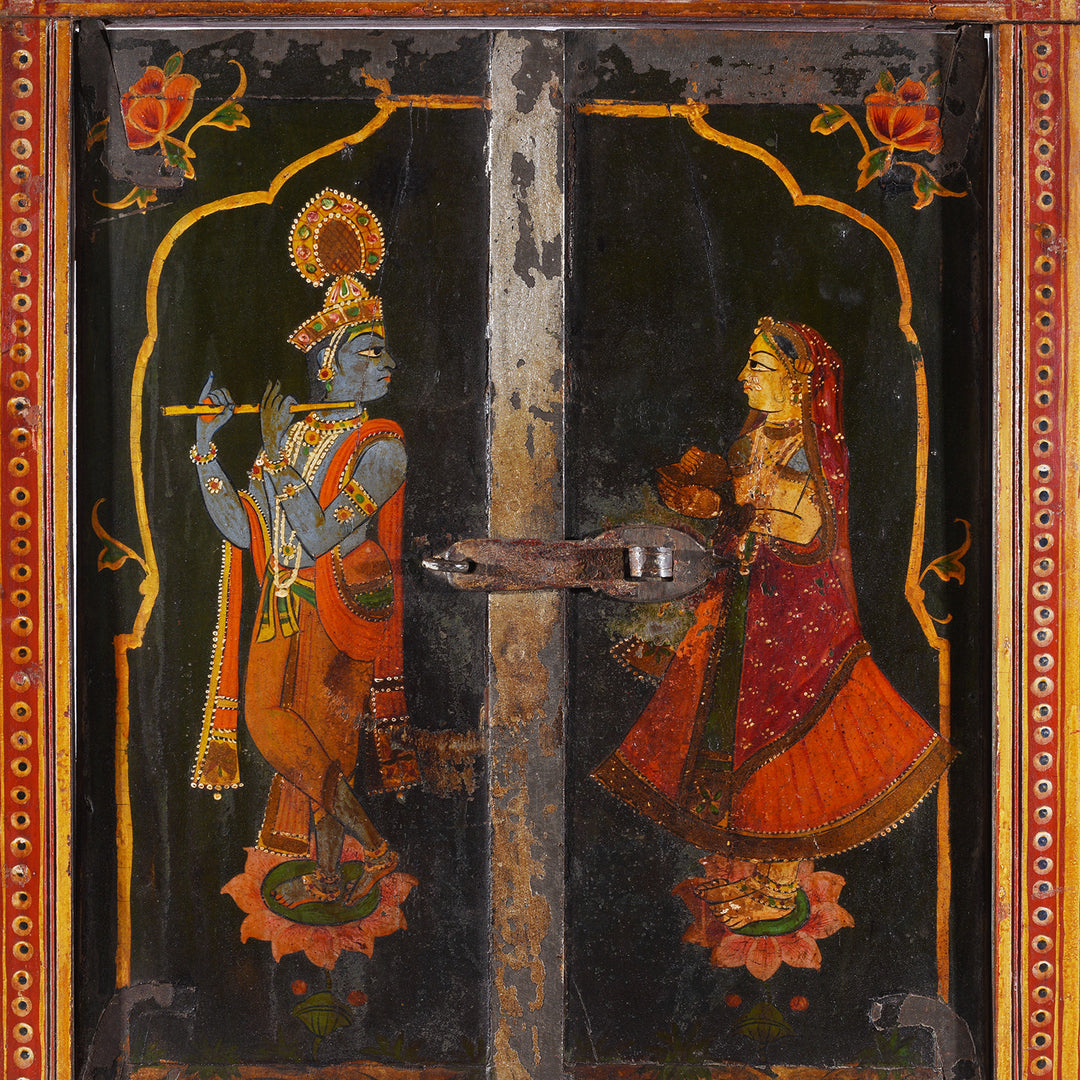 Doors Detail From Antique Indian Painted Radha Krishna Window Shutter | Indigo Antiques