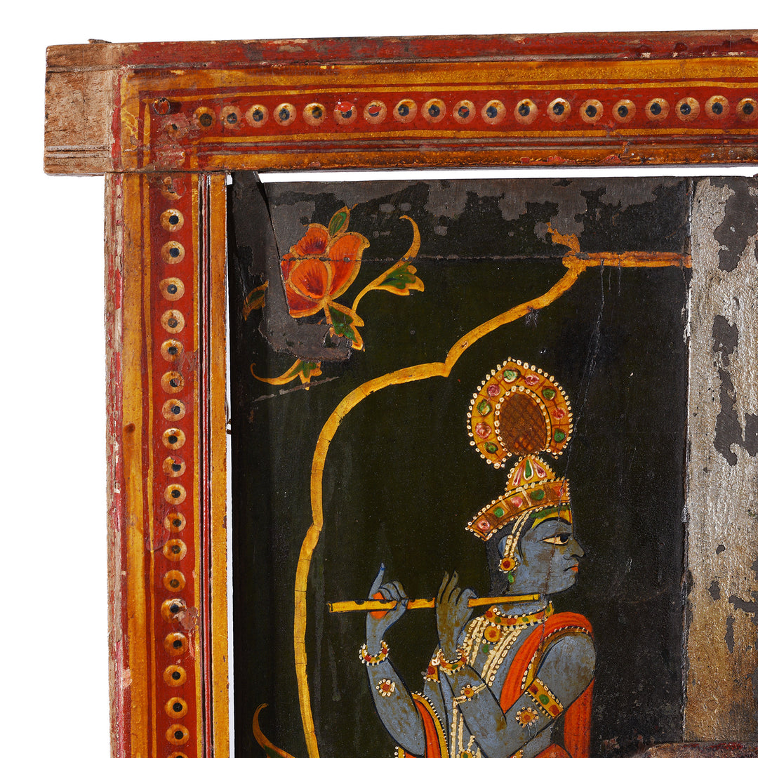 Corner Detail From Antique Indian Painted Radha Krishna Window Shutter | Indigo Antiques