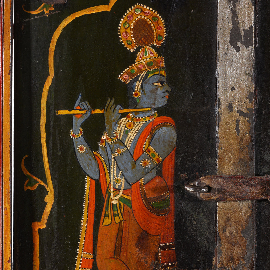 Krishna Detail From Antique Indian Painted Radha Krishna Window Shutter | Indigo Antiques