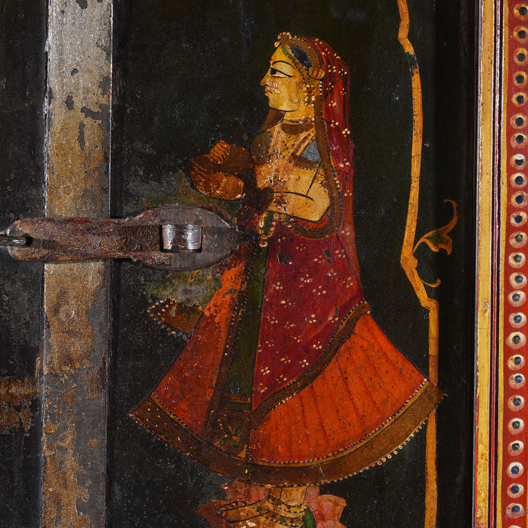Radha Detail From Antique Indian Painted Radha Krishna Window Shutter | Indigo Antiques