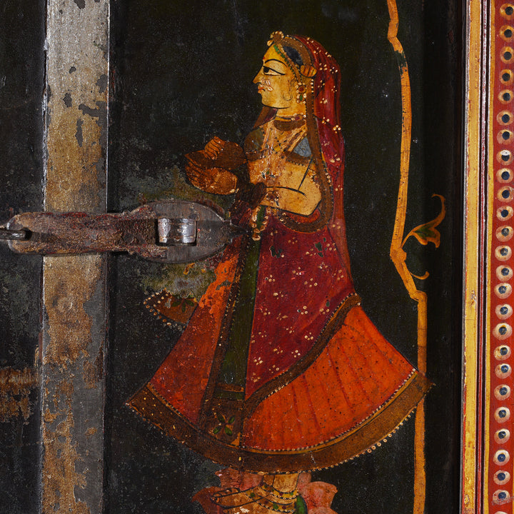 Radha Detail From Antique Indian Painted Radha Krishna Window Shutter | Indigo Antiques