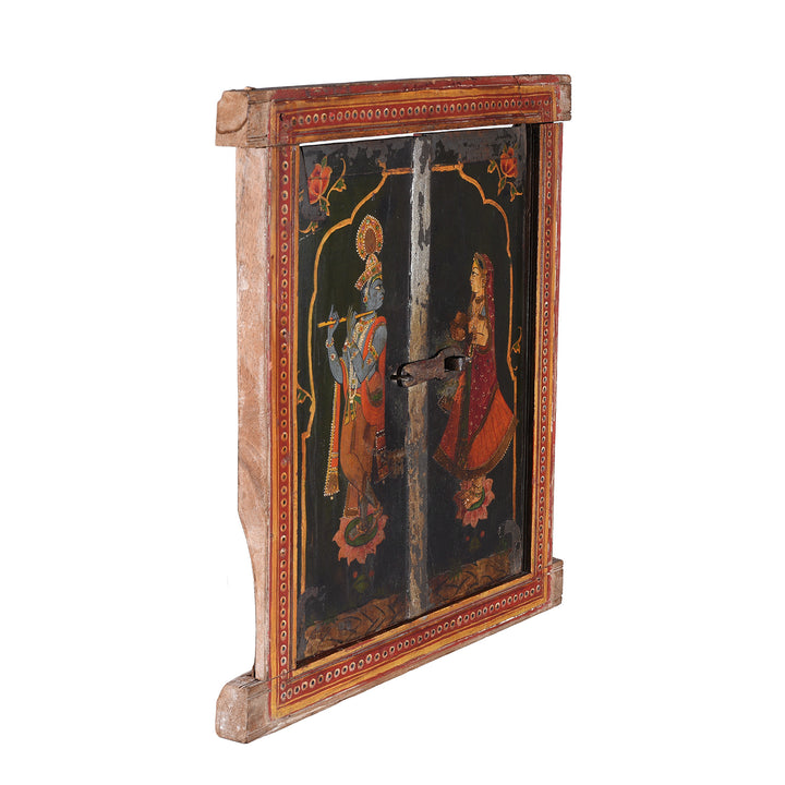 Angled VIew Of Antique Indian Painted Radha Krishna Window Shutter | Indigo Antiques