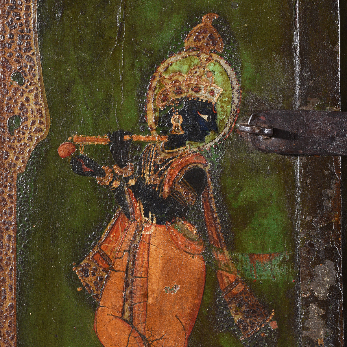 Krishna Detail From Antique Indian Painted Window Shutter Depicting Radha & Krishna | Indigo Antiques