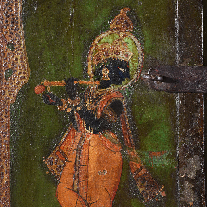 Krishna Detail From Antique Indian Painted Window Shutter Depicting Radha & Krishna | Indigo Antiques