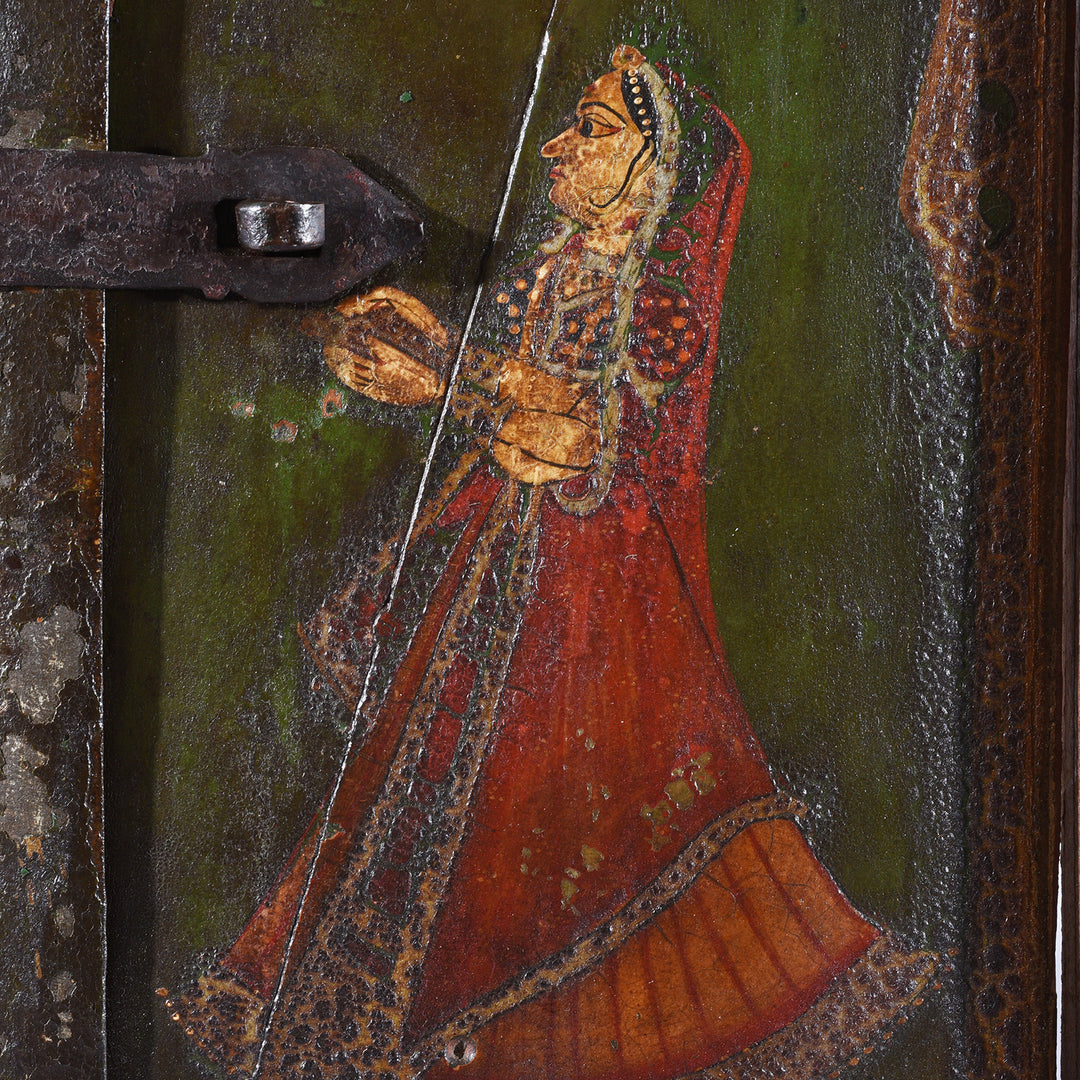 Radha Detail From Antique Indian Painted Window Shutter Depicting Radha & Krishna | Indigo Antiques