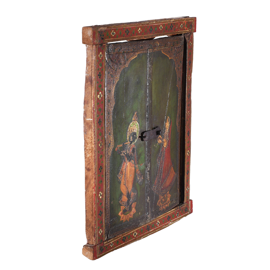 Angled VIew Of Antique Indian Painted Window Shutter Depicting Radha & Krishna | Indigo Antiques