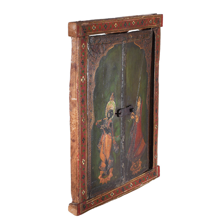 Angled VIew Of Antique Indian Painted Window Shutter Depicting Radha & Krishna | Indigo Antiques