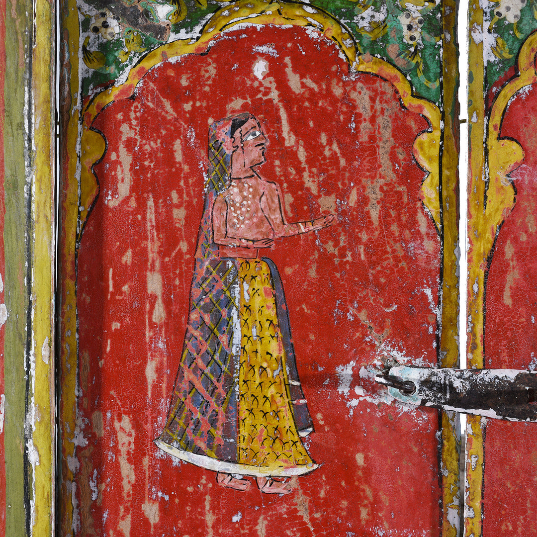 Radha figure detail from a Painted Radha Krishna Window Shutter - 19th Century
