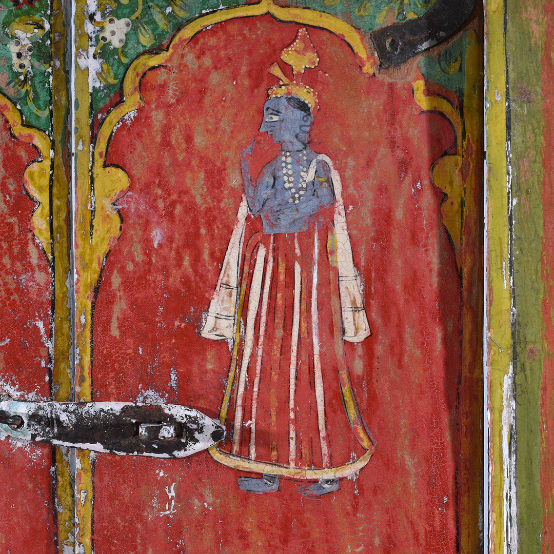 Painting detail of Hindu Lord Krishna from a Painted Radha Krishna Window Shutter - 19th Century