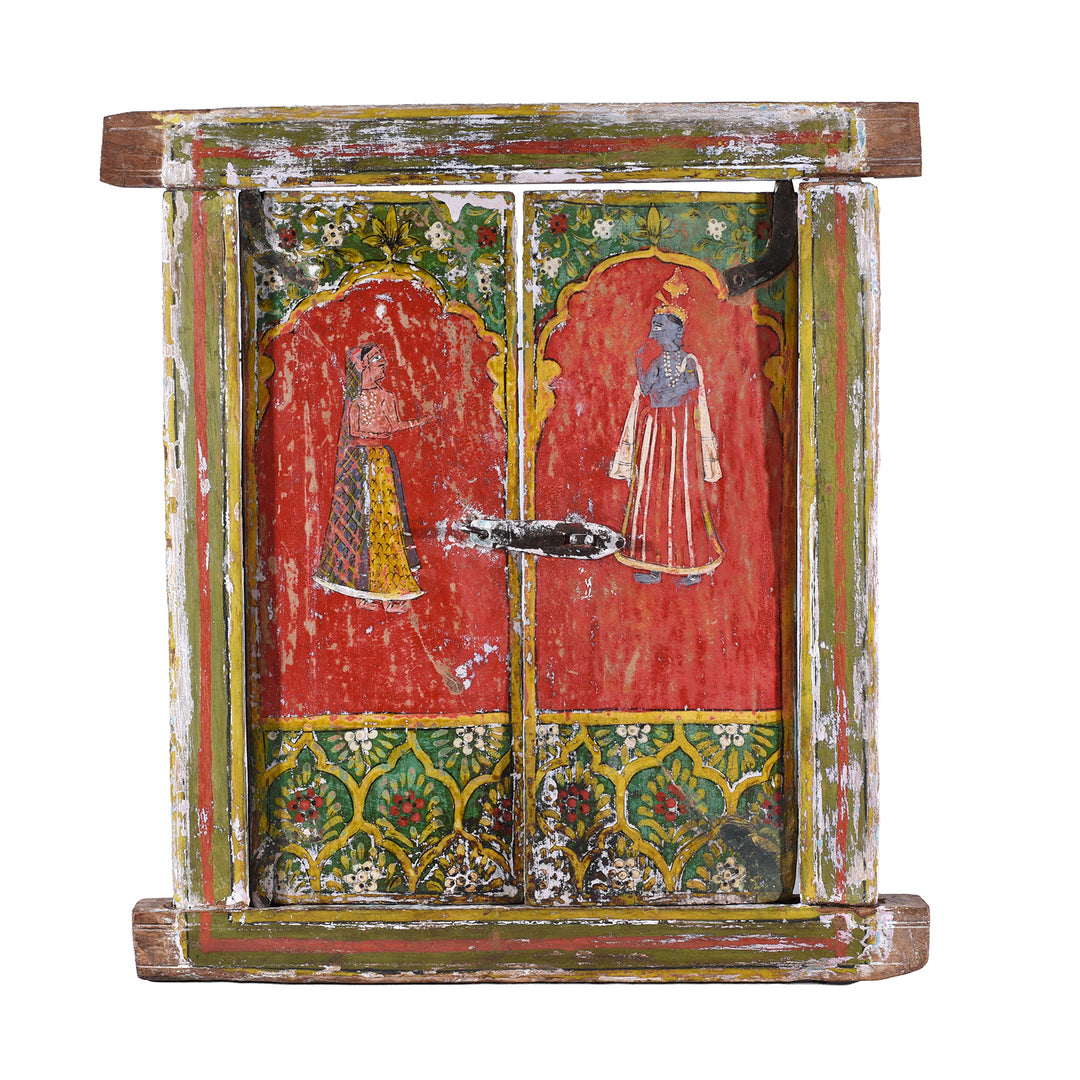 Antique Provincial Painted Radha Krishna Window Shutter and frame from Rajasthan - 19th Century
