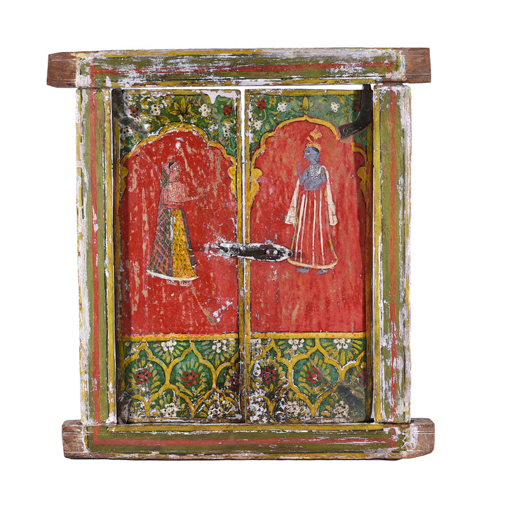 Antique Provincial Painted Radha Krishna Window Shutter and frame from Rajasthan - 19th Century