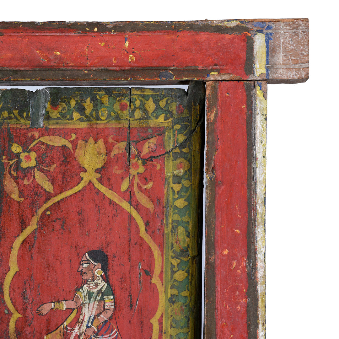 Border Artwork Detail From 19th-century painted teak window shutter from Rajasthan depicting Radha and blue-skinned Krishna beneath cusped arches with floral borders and original iron latch | Indigo Antiques