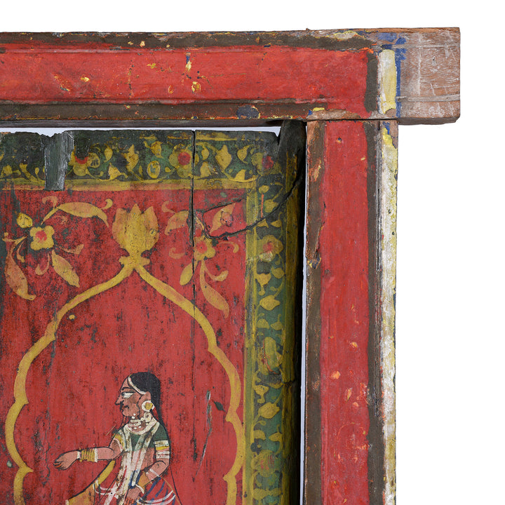 Border Artwork Detail From 19th-century painted teak window shutter from Rajasthan depicting Radha and blue-skinned Krishna beneath cusped arches with floral borders and original iron latch | Indigo Antiques
