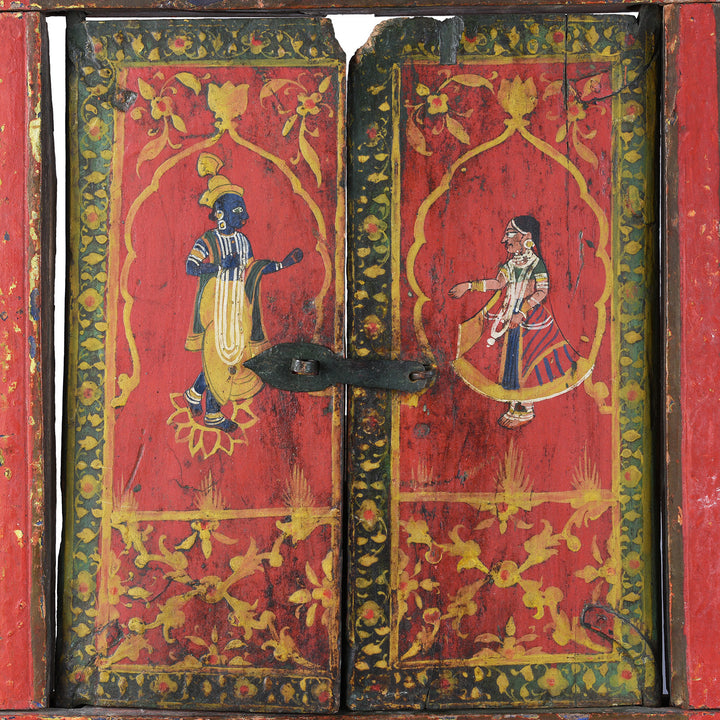 Doors Detail From 19th-century painted teak window shutter from Rajasthan depicting Radha and blue-skinned Krishna beneath cusped arches with floral borders and original iron latch | Indigo Antiques
