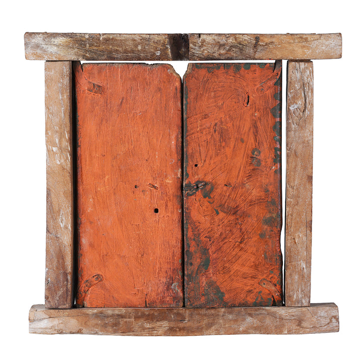 Back Of 19th-century painted teak window shutter from Rajasthan depicting Radha and blue-skinned Krishna beneath cusped arches with floral borders and original iron latch | Indigo Antiques