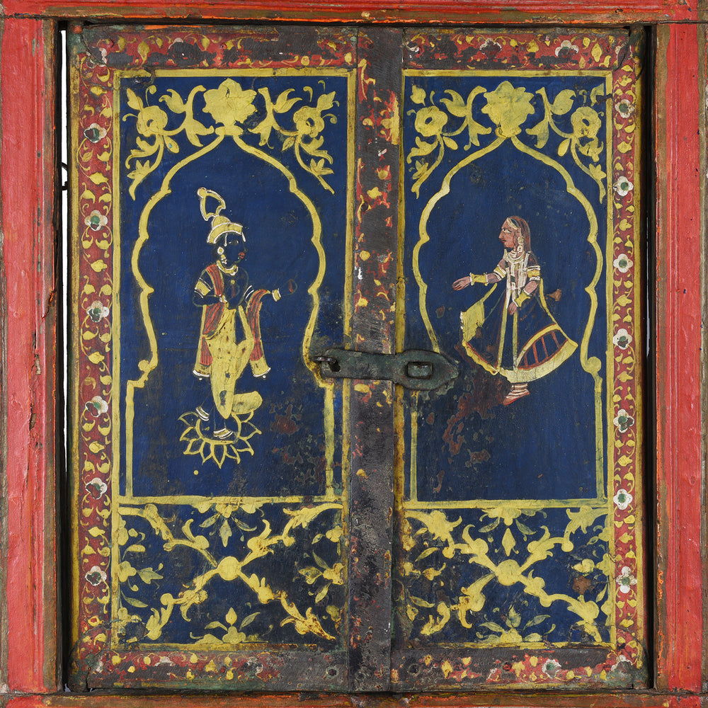 Paintowrk Detail From Antique Indian Painted Blue & Red Radha Krishna Window Shutter