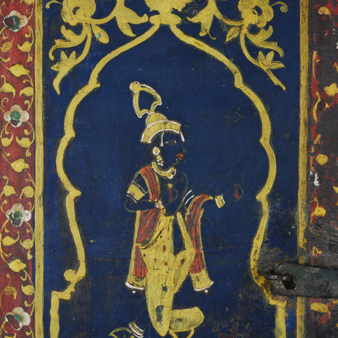 Krishna Detail From Antique Indian Painted Blue & Red Radha Krishna Window Shutter