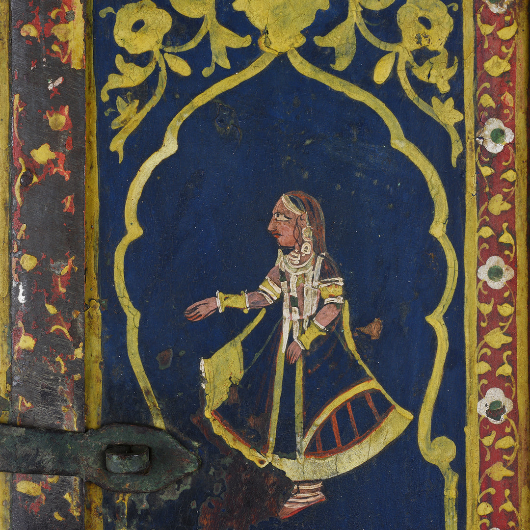 Radha Detail From Antique Indian Painted Blue & Red Radha Krishna Window Shutter