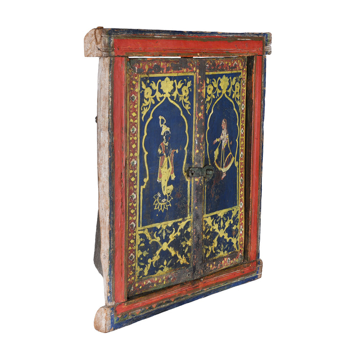 Angled View Of Antique Indian Painted Blue & Red Radha Krishna Window Shutter