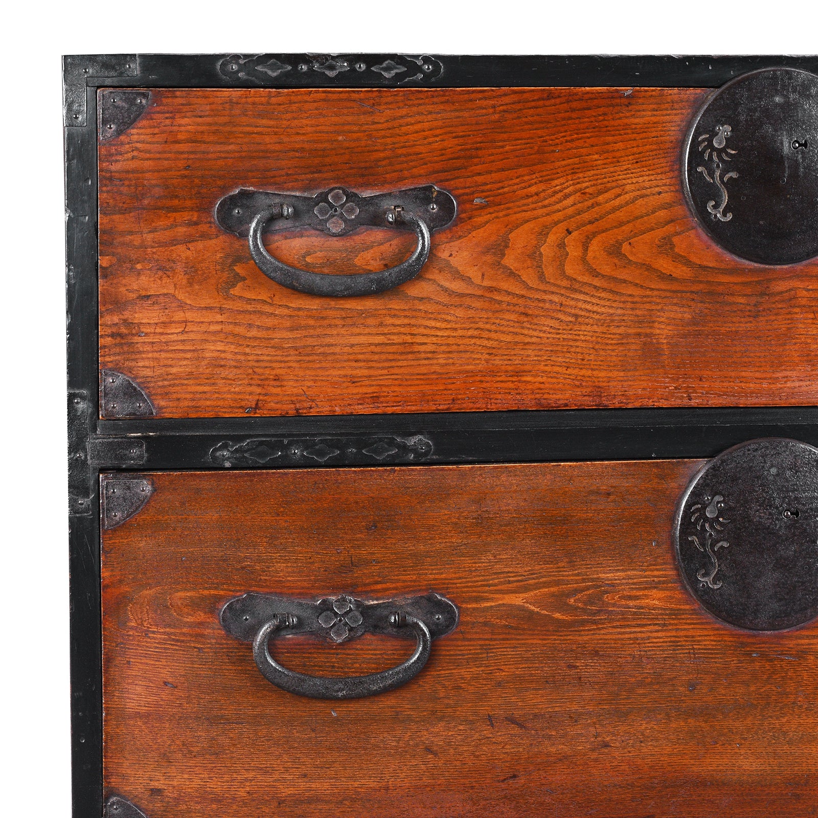 Corner Detail Showing Ironwork From Kasane Isho Dansu Edo Period Japanese Chest With Red Elm Drawers And Iron Hardware | Indigo Antiques