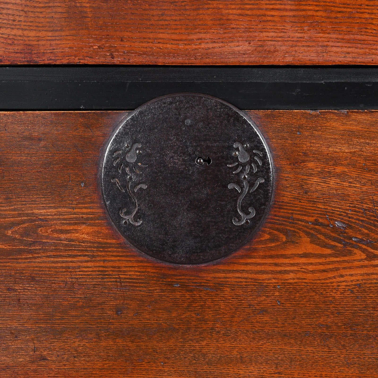 Ironwork Detail From Kasane Isho Dansu Edo Period Japanese Chest With Red Elm Drawers And Iron Hardware | Indigo Antiques