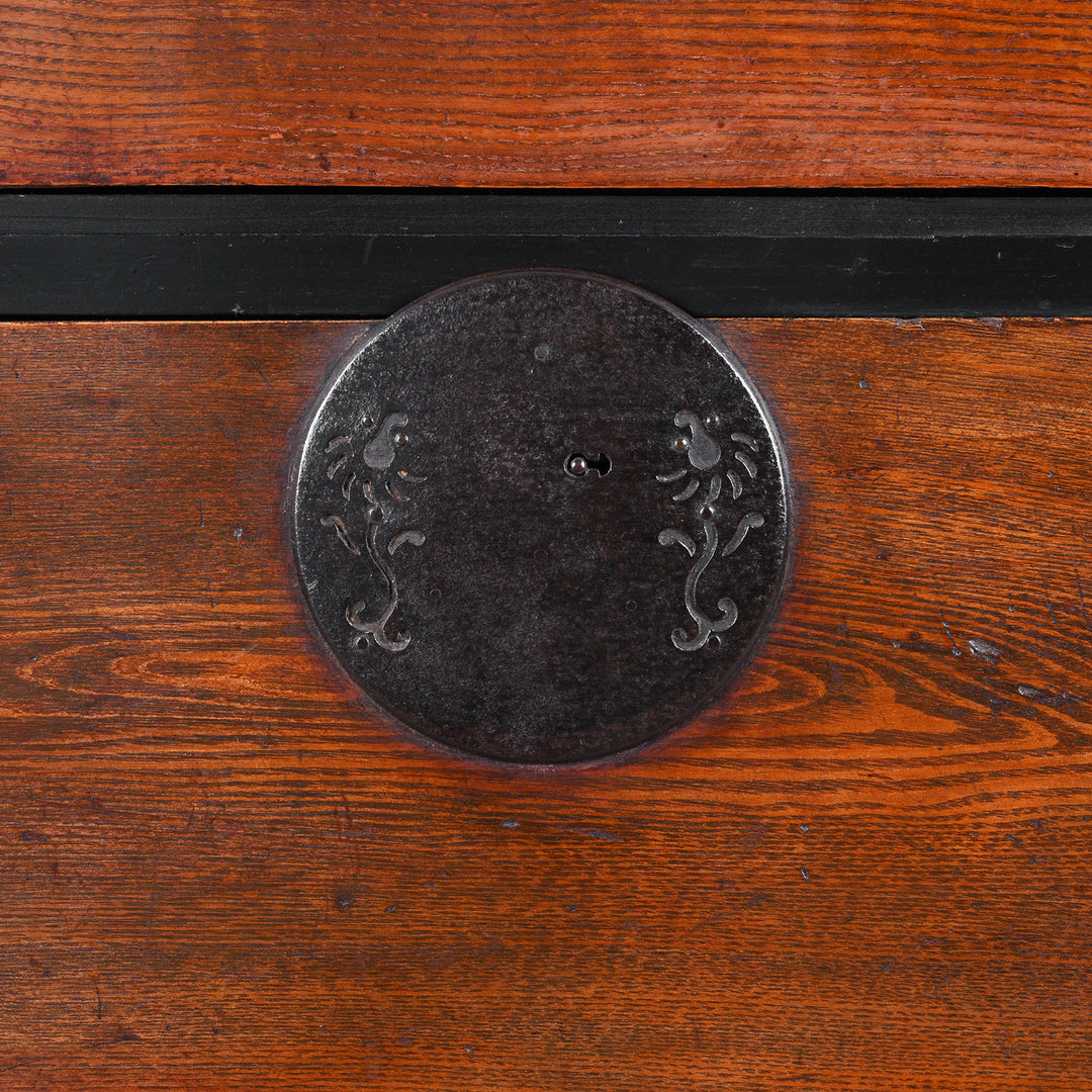 Ironwork Detail From Kasane Isho Dansu Edo Period Japanese Chest With Red Elm Drawers And Iron Hardware | Indigo Antiques