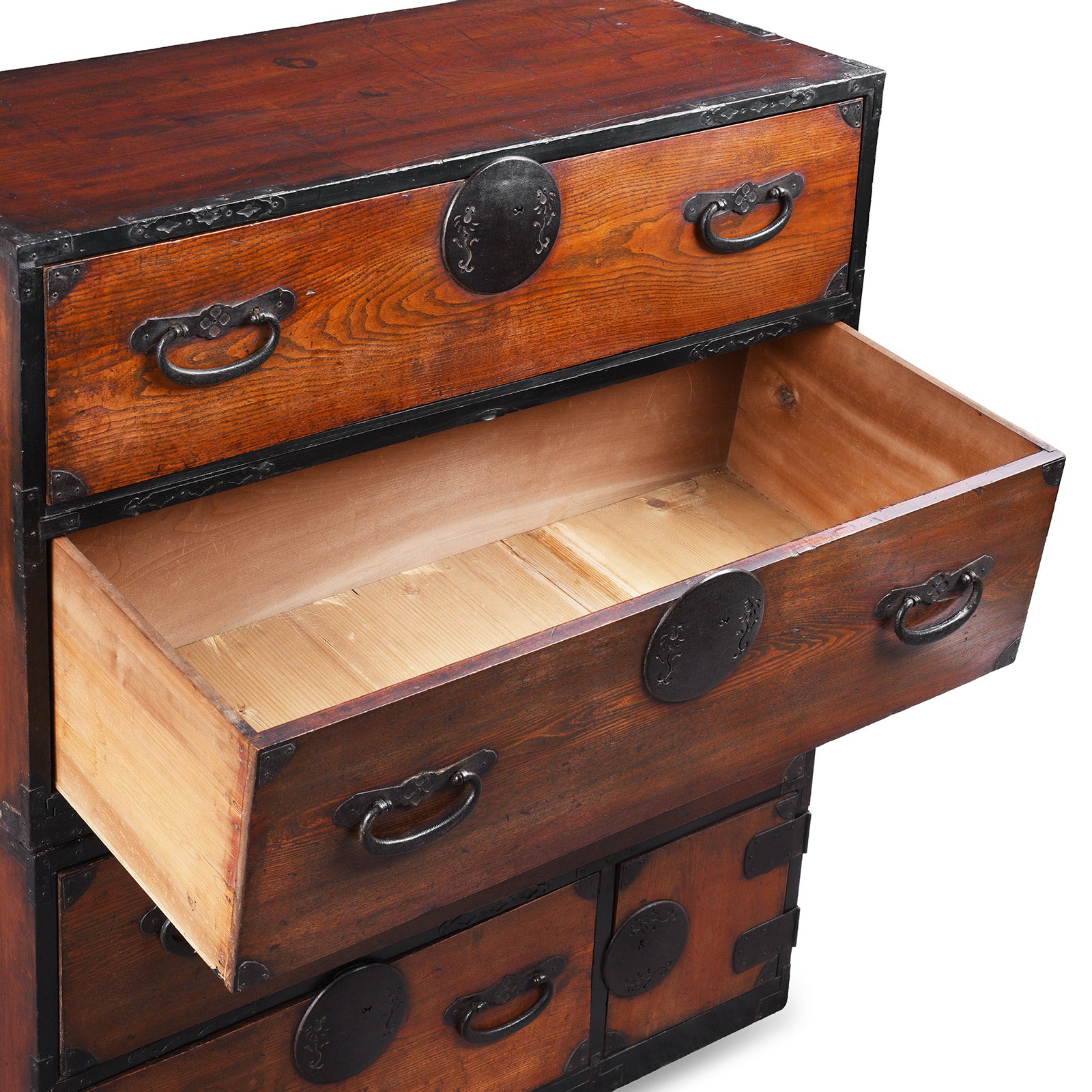 Drawer Detail From Kasane Isho Dansu Edo Period Japanese Chest With Red Elm Drawers And Iron Hardware | Indigo Antiques